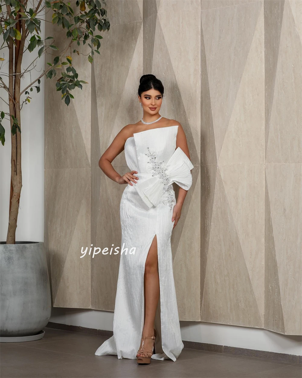 Customized Exquisite Sparkle Jersey Bow Draped Pleat Engagement A-line Strapless Bespoke Occasion Gown Long Dresses