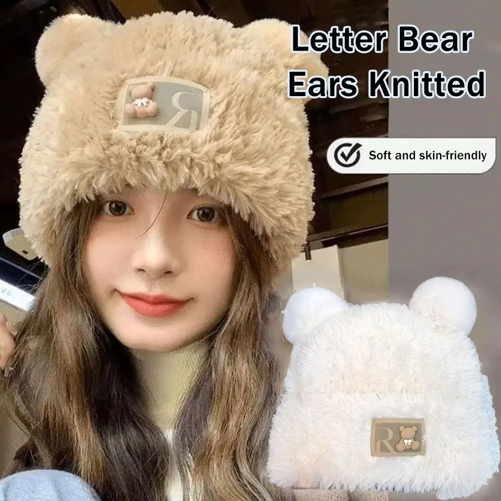 Cartoon Bear Ear Women Knitted Plush Hat, Winter Thicken Warm Windproof Fur Beanie for Ladies & Girls Thickened Ear Protection