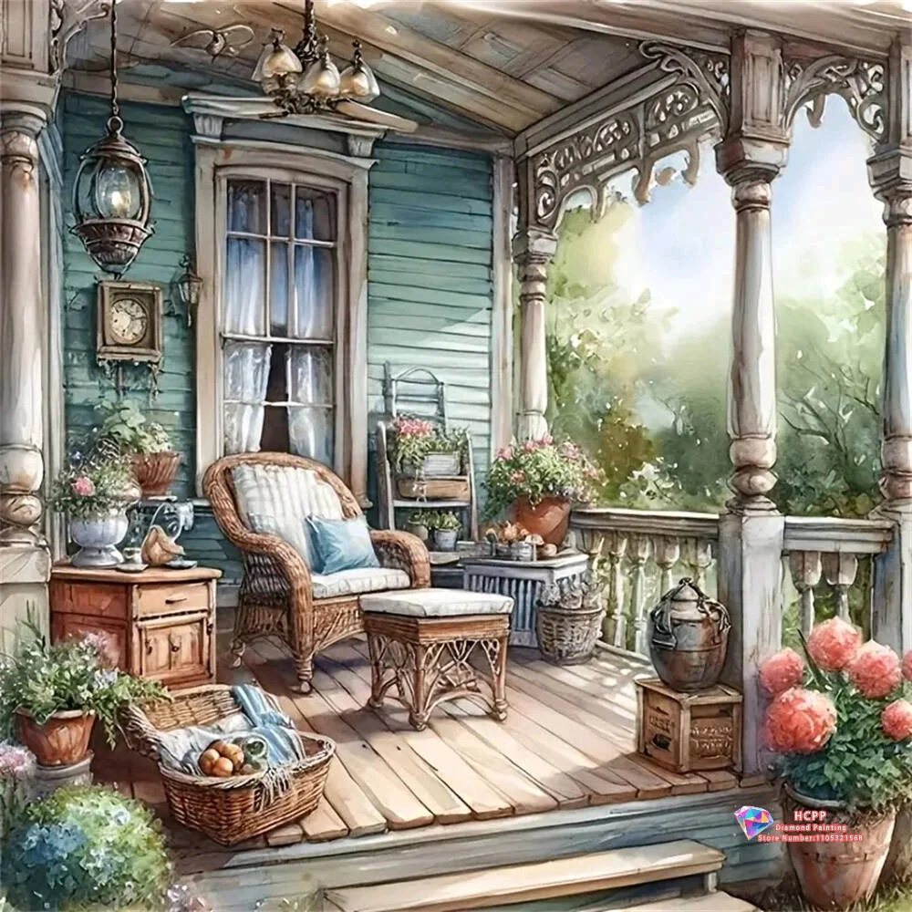 Cozy Vintage Porch with Hydrangea 5D DIY Diamond Painting Set with Square and Round Diamonds Handmade Crafts Home Decor Gifts