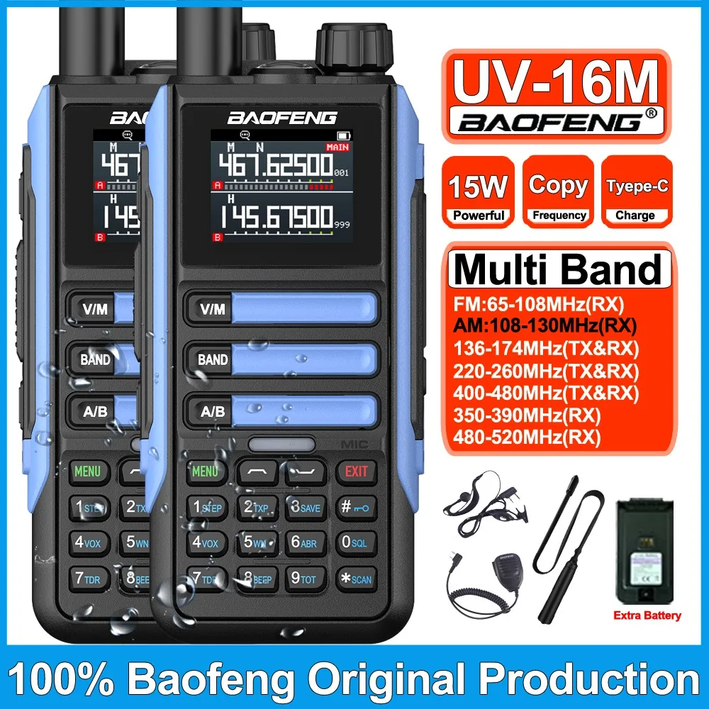 

2 шт. портативные рации Baofeng UV16M с большим радиусом действия, 999 каналов, FM-радио, UHF/VHF, зарядка Type-C, водонепроницаемые, двухсторонняя связь