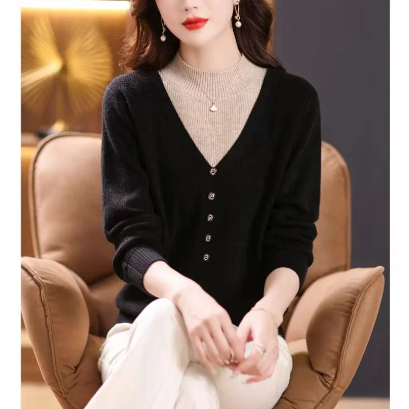 Autumn Winter New Versatile Oversize Women's Clothing Fashion Splice Buttons Half High Collar Long Sleeve Solid Color Pullover