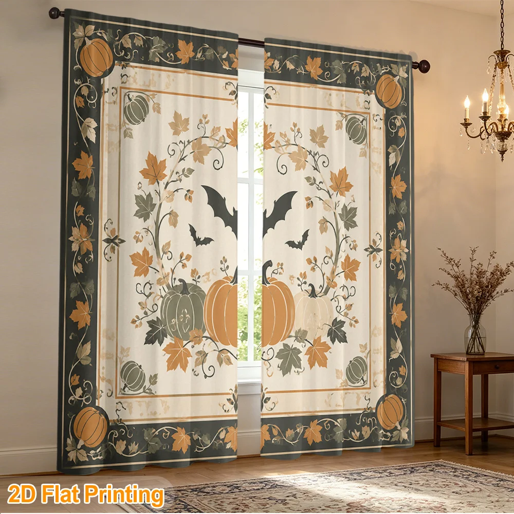 2PCS Digital Print Curtains, Halloween Vintage Border Pumpkin Bat Vine Pattern, Cute Cartoon Style for Living Room ／ Playful
