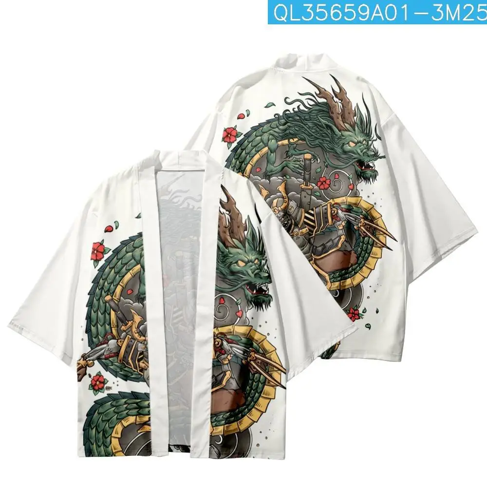 

Summer Cartoon Dragon Samurai Printed White Kimono Cropped Pants Set Women Men Japanese Haori Streetwear Cardigan Yukata Cosplay