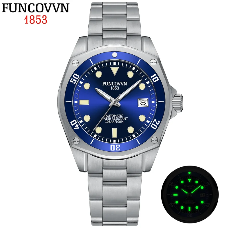 FUNCOVVN Automatic NH35 Men Watch Luminous Automatic Clock 42.5mm Case Waterproof Sapphire Glass 100M Dive Watches Reloj Hombre