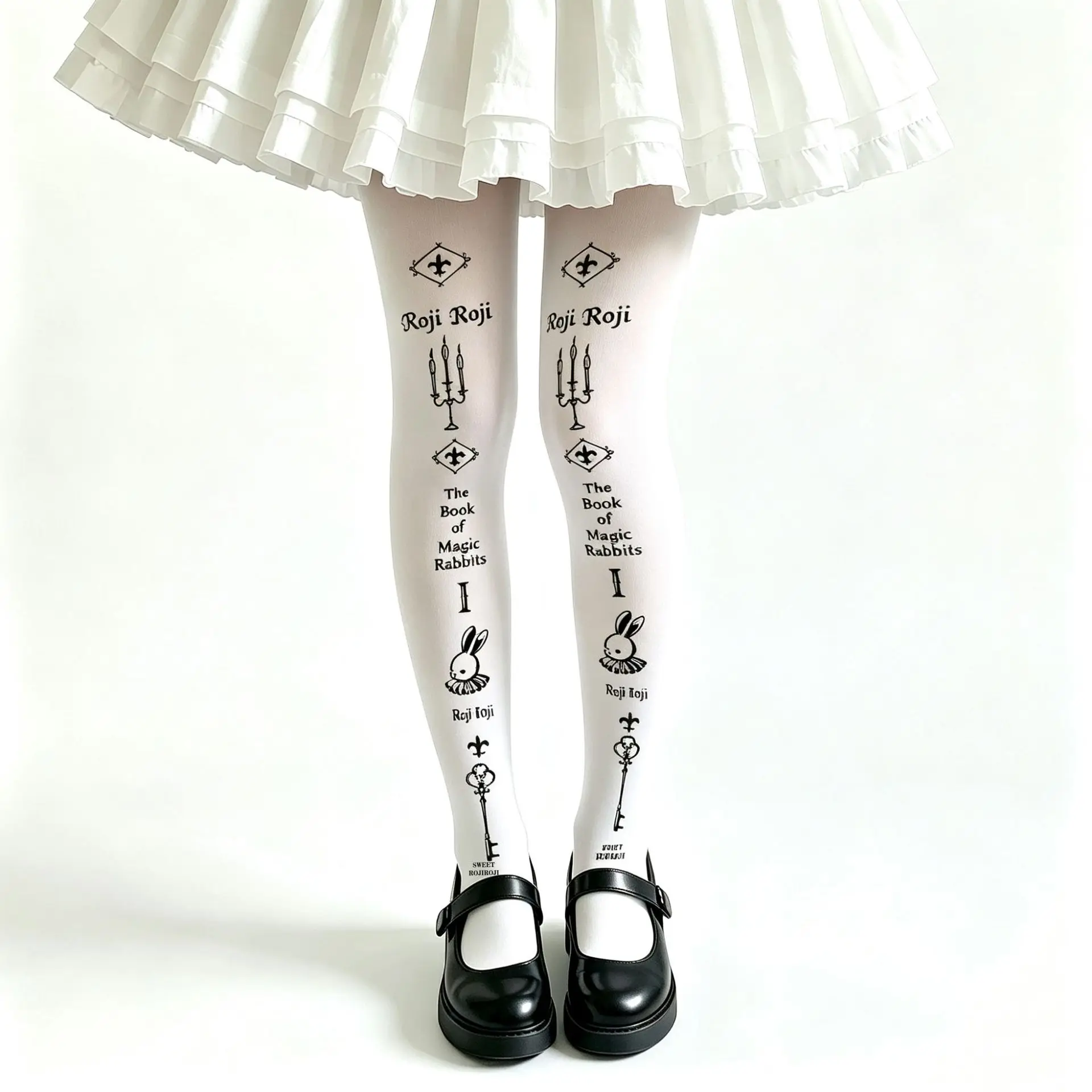 Vintage Magic Rabbit Key Print Women Tights Gothic Letter Pattern Pantyhose Lolita Cosplay White Thin Full Length Hosiery