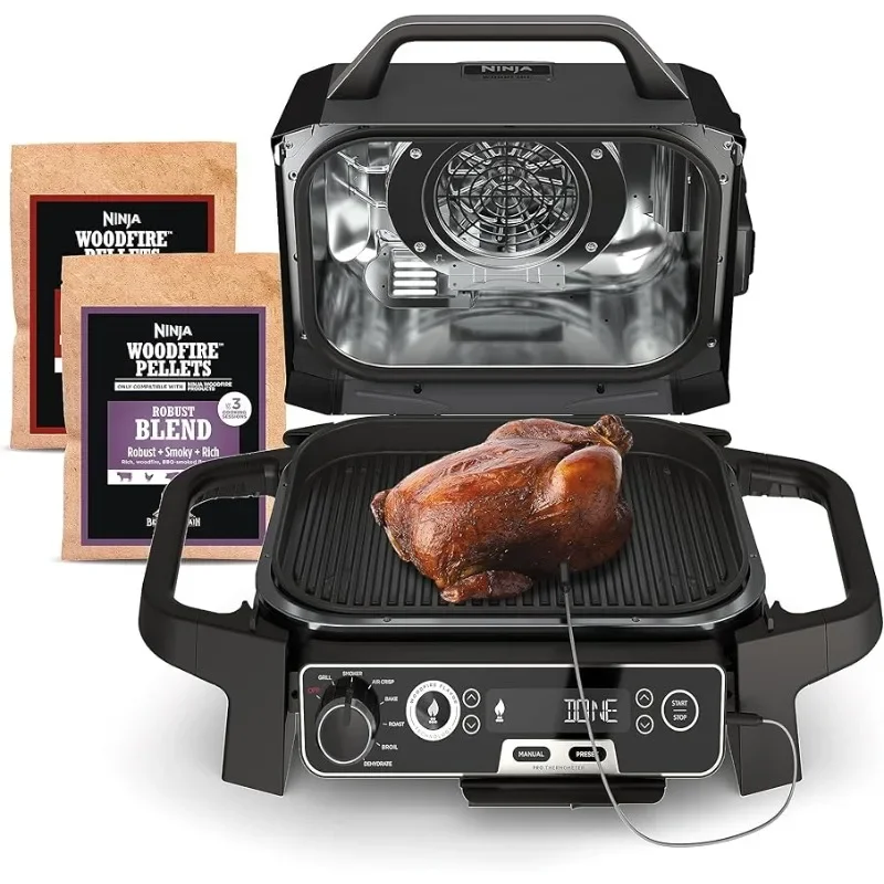 Ninja Woodfire Pro 7-in-1 Grill & Smoker with Thermometer, Air Fryer, BBQ, Bake, Roast, Broil Electric Outdoor Grill, Grey