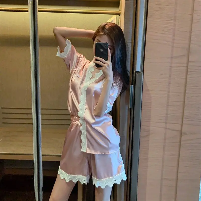 Simple Ins Style High-end New Pajamas Women's Summer Ice Silk Gray Lace Two-piece Loungewear Comfort Skin-friendly Breathable