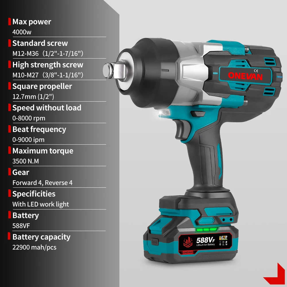 1000W Electric Impact Wrench Cordless Brushless 3/4  2200 N.m Torque Power Wrench with Battery Pack-HDF