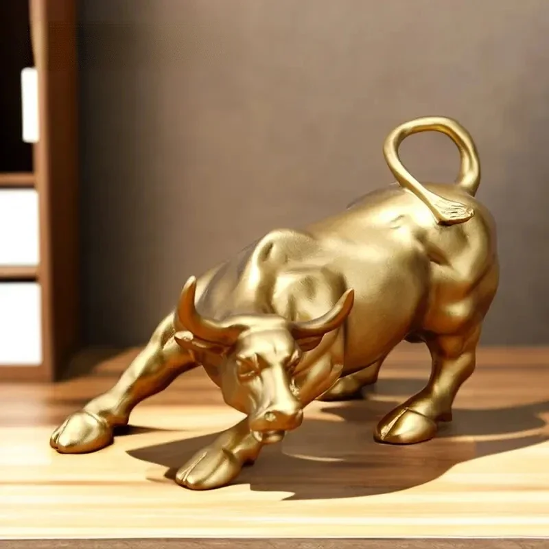 Wall Street Bull Figurine Stock Market Mascot Golden OX Statue Resin Art Crafts Animal Sculpture for Living Room Home Decoration