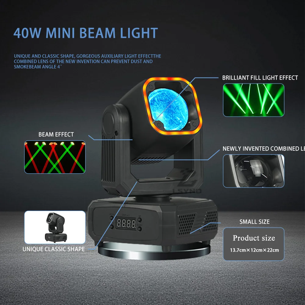 Mini 40W LED Beam DMX512 DJ Moving Head Lights RGBW Disco Strobe Light with Ring Sound Control Stage Equipment For Nightclub Bar