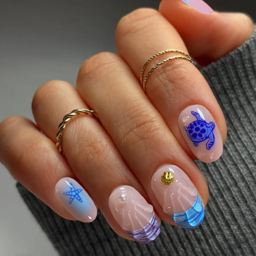 24pcs Short Oval 3D Gel Nail Stickers, Create Ocean Theme Nails, Designs Include Sea Turtle, Whale, Shell & Pearl Decor, French