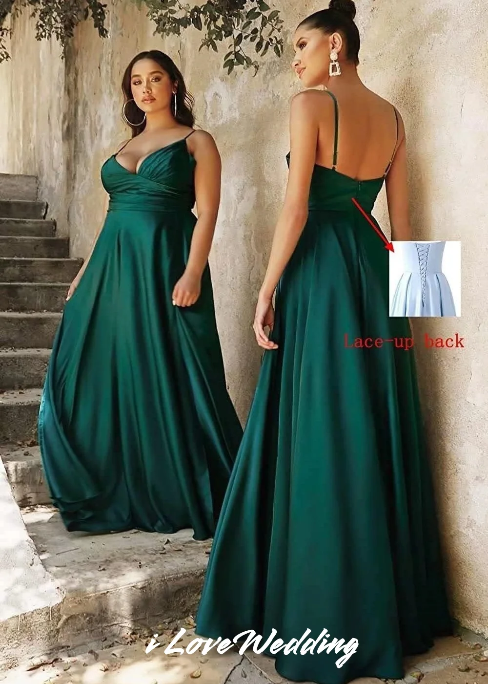 여자 v 넥 신부 들러리 드레스 스파게티 스트랩 웨딩 게스트 드레스 바닥 길이 사이드 슬릿 드레스 주름 섹시한 맞춤형 2025