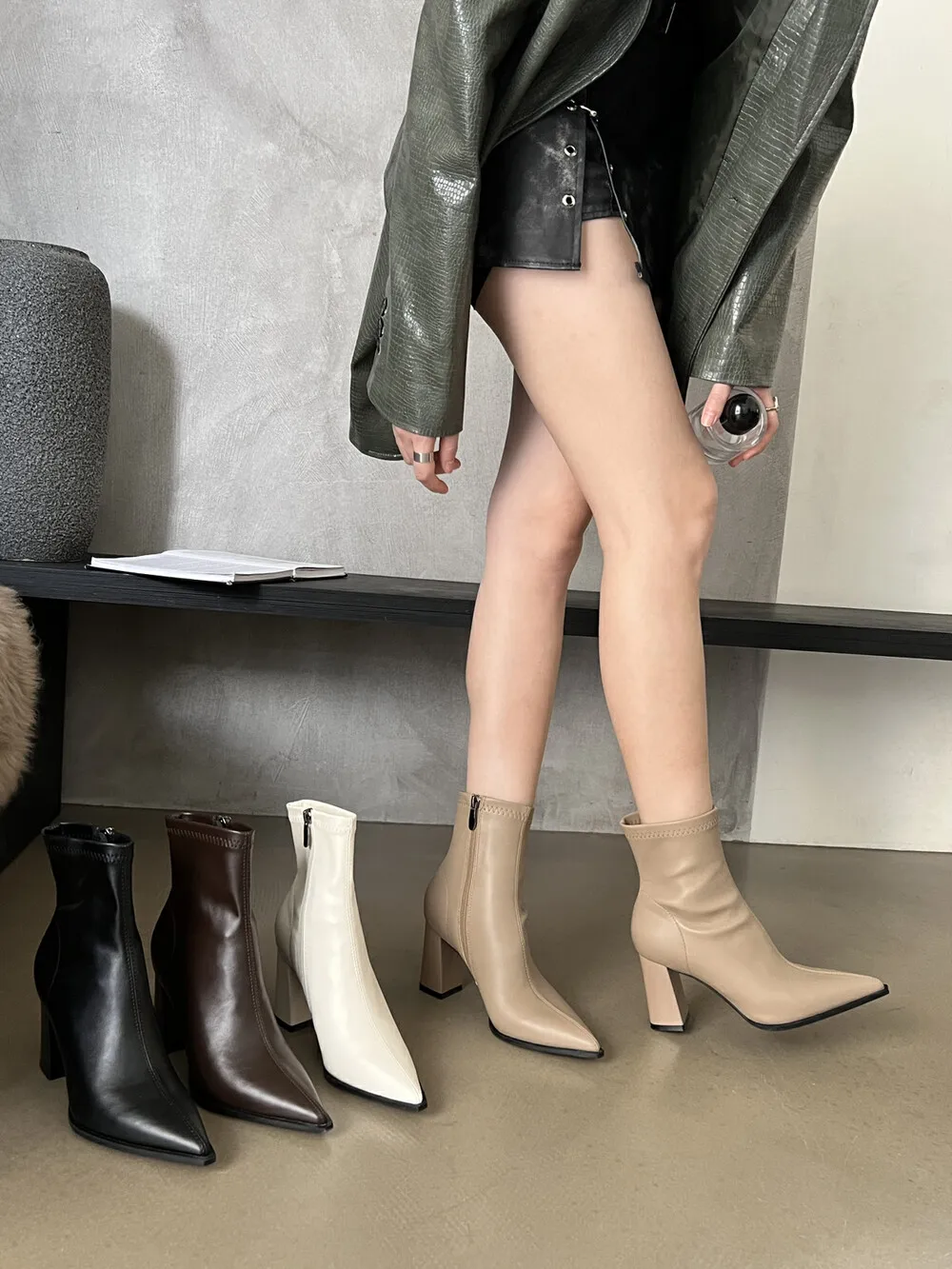 Pointed Toe Women Ankle Boots Black White Khaki Brown Thick High Heels Side Zipper Party Pumps Shoes Woman Chelsea Size 35-39