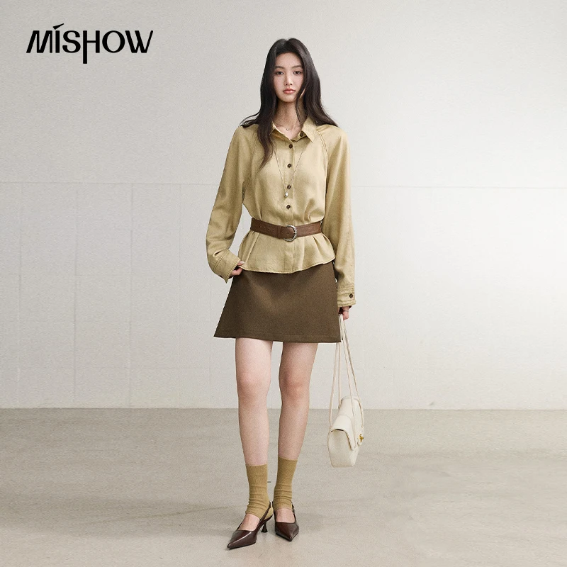 MISHOW Women's 100% Lyocell Shirt with Retro Belt 2026 Autumn Lapel Long Sleeve Shirts Casual Commute Waist Tops MXF46C2620