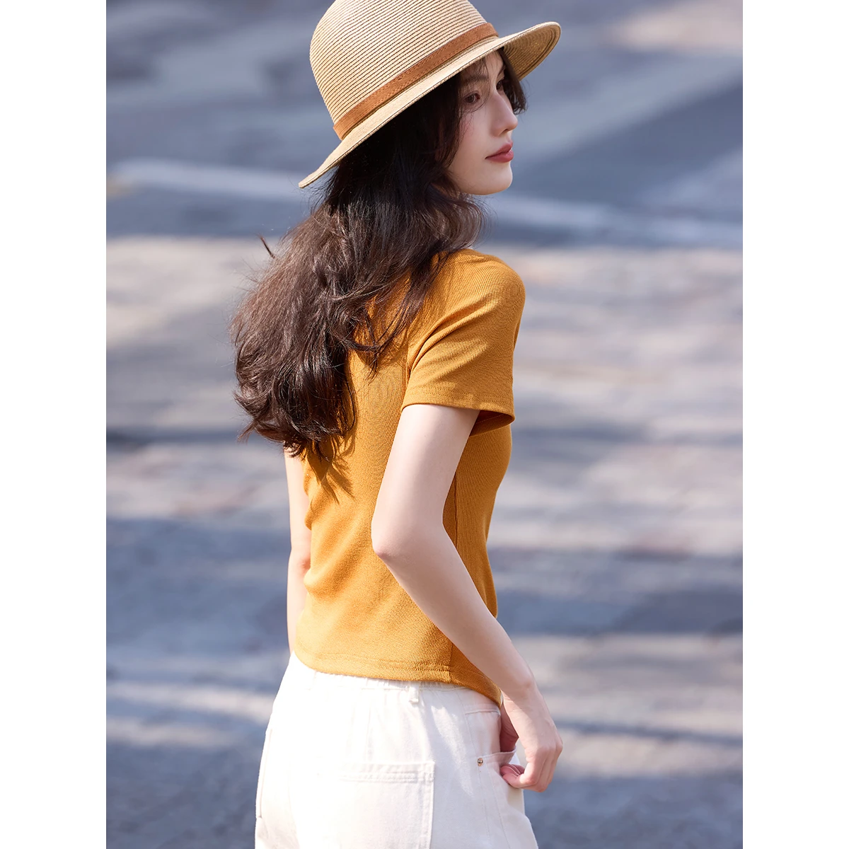 VIMLY Women Simple Orange T-shirt Summer Short Sleeve Pleated Waist Off Shoulder Top 2026 New Casual Versatile Clothes 31158
