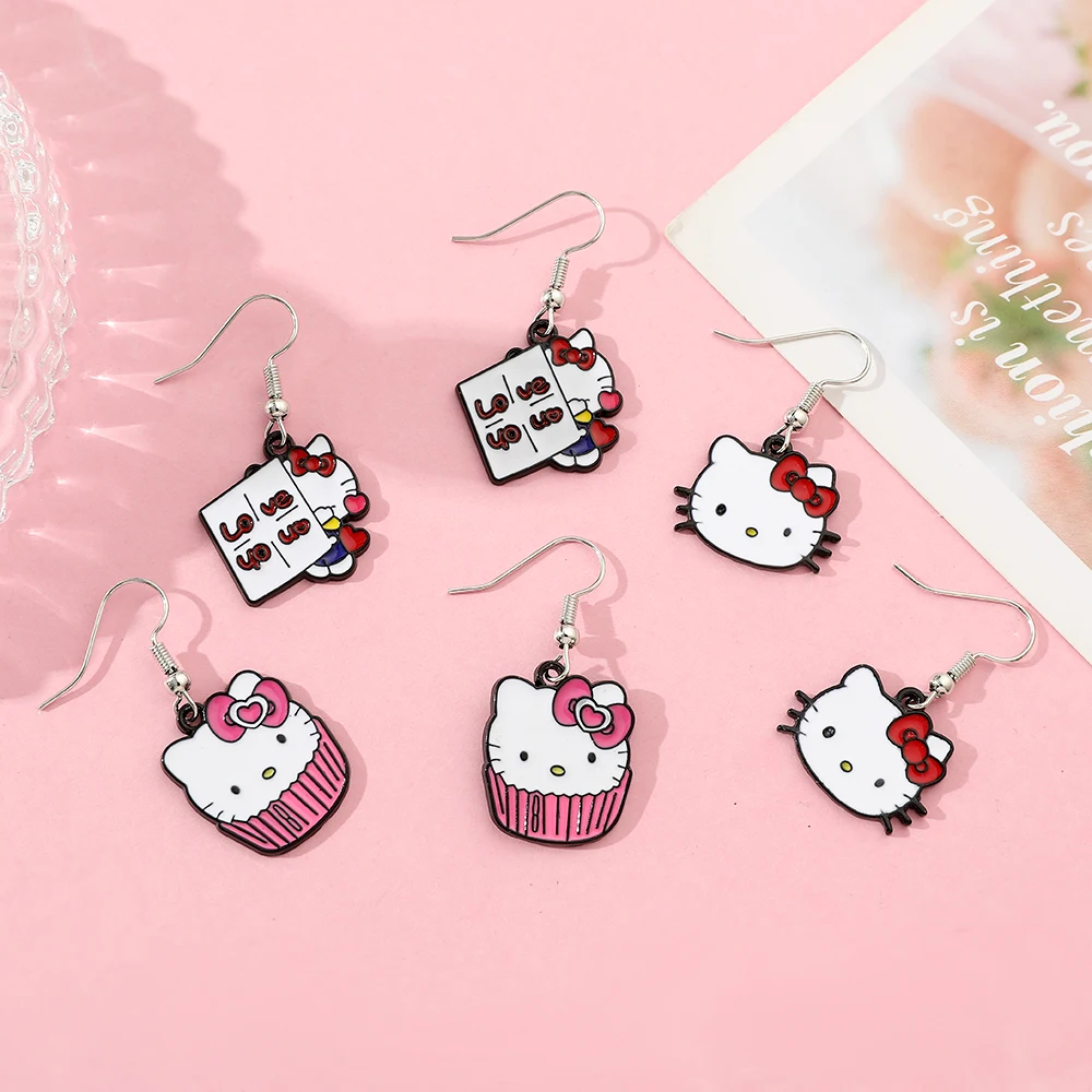 Anime Sanrio Hello Kitty Earrings Cute Cartoon Figure KT Cat Metal Enamel Pendent Earrings Jewelry Accessories Kids Gifts