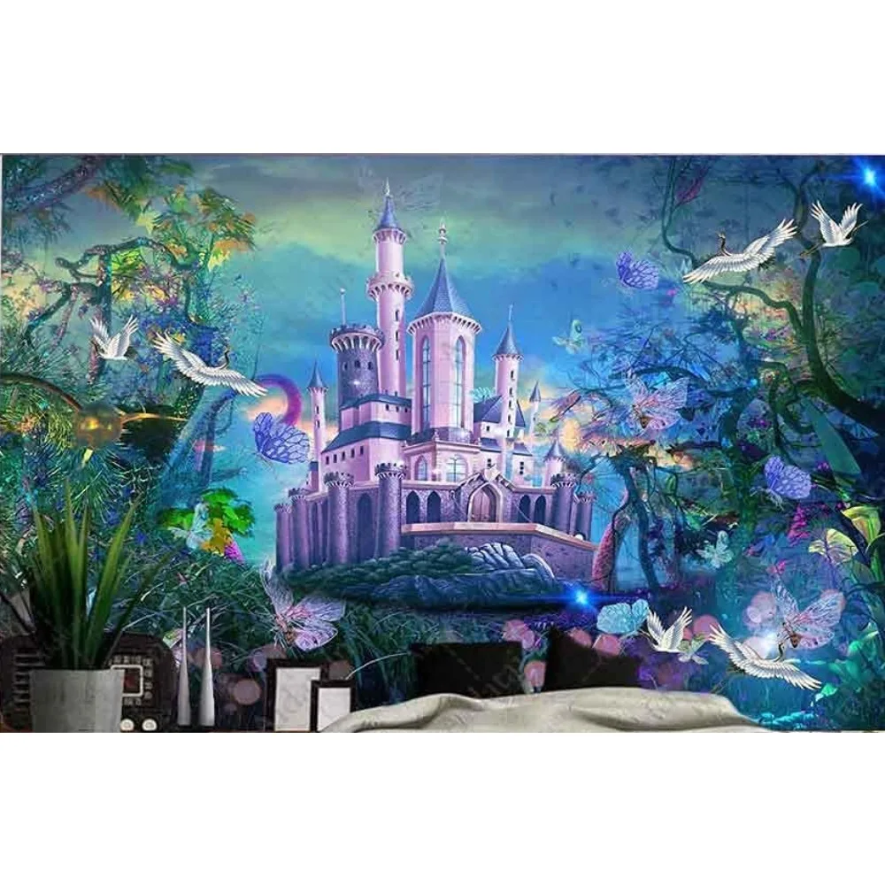 Fairy tale castle tapestry fantasy forest flying crane butterfly tapestry flannel landscape wall hanging