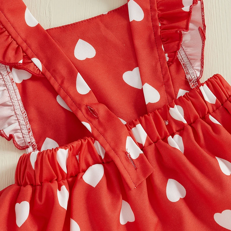 

Valentine s Day Toddler Girl Dress Sleeveless Heart Print Square Neck A-Line Dress with Bow Detail