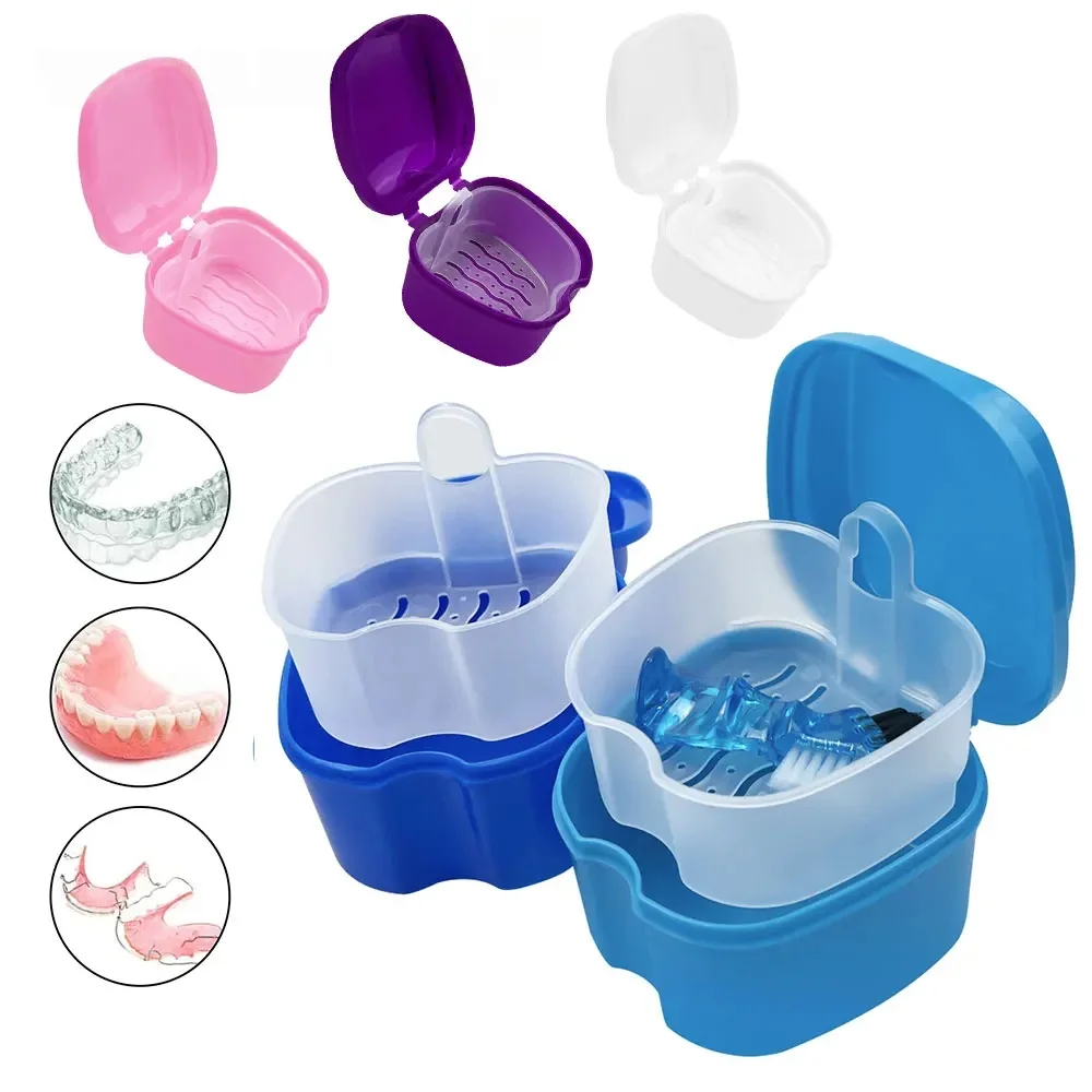 Dental Denture Bath Box - False Teeth & Retainer Cleaning Storage Case for Mouth Guard Orthodontic Oral Hygiene Supplies