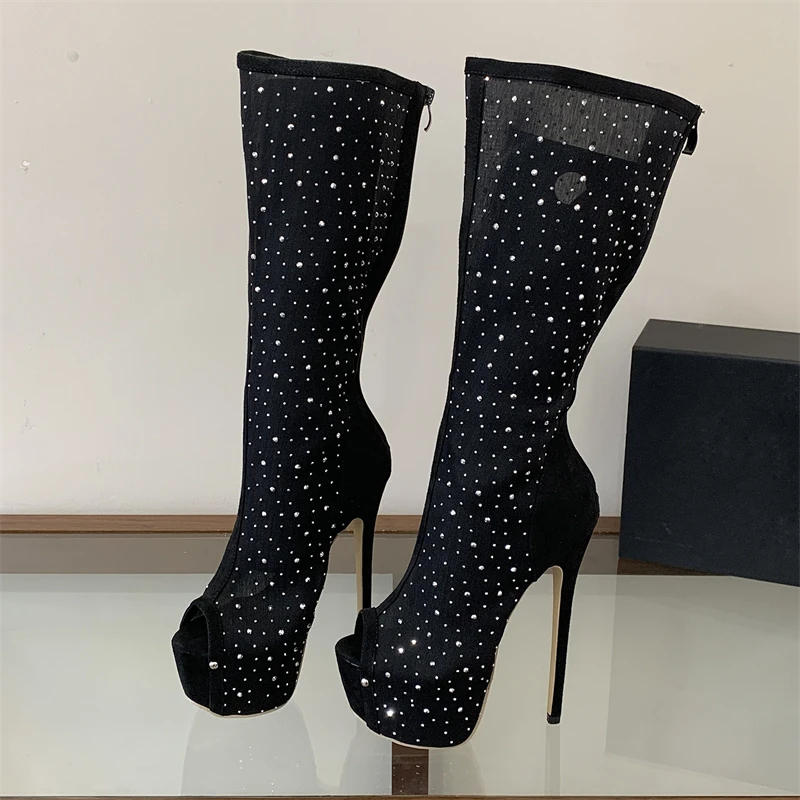 

Aneikeh Women Black Sheer Mesh Rhinestone Knee High Boots Peep Toe Platform Stiletto High Heels Sexy Back Zipper Party Club Shoe
