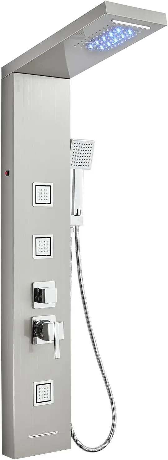 MENATT Shower Panel Tower System with LED Lights, 5 In 1 Shower Panel with Rainfall and Waterfall Shower Head