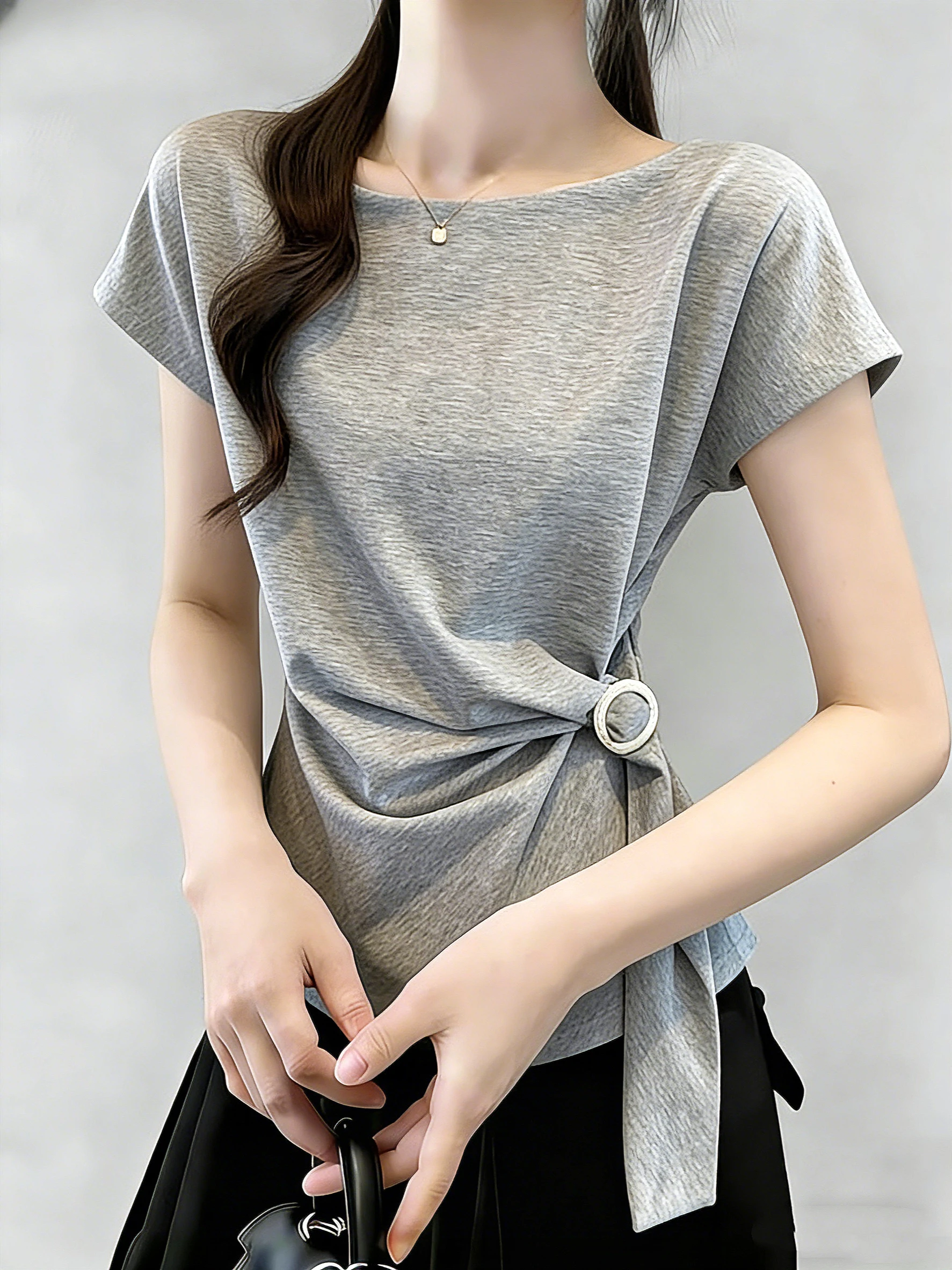 

Gray Shoulder-Length Short-Sleeve T-Shirt Women's Summer New Style plus Size Loose Fit Casual Top Asymmetrical Design Belt Wa...