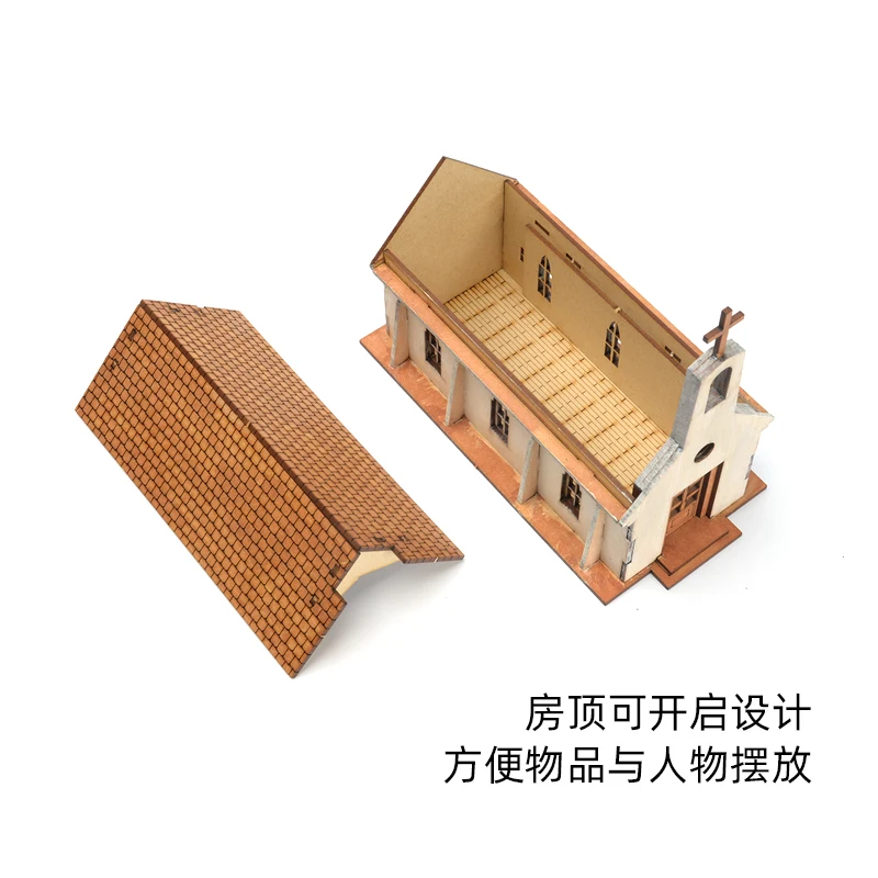 Model drewniany do samodzielnego montażu, scena z europejskim i amerykańskim domem kościelnym w skali 1/72, ozdoba, prezent DIY, rękodzieło.