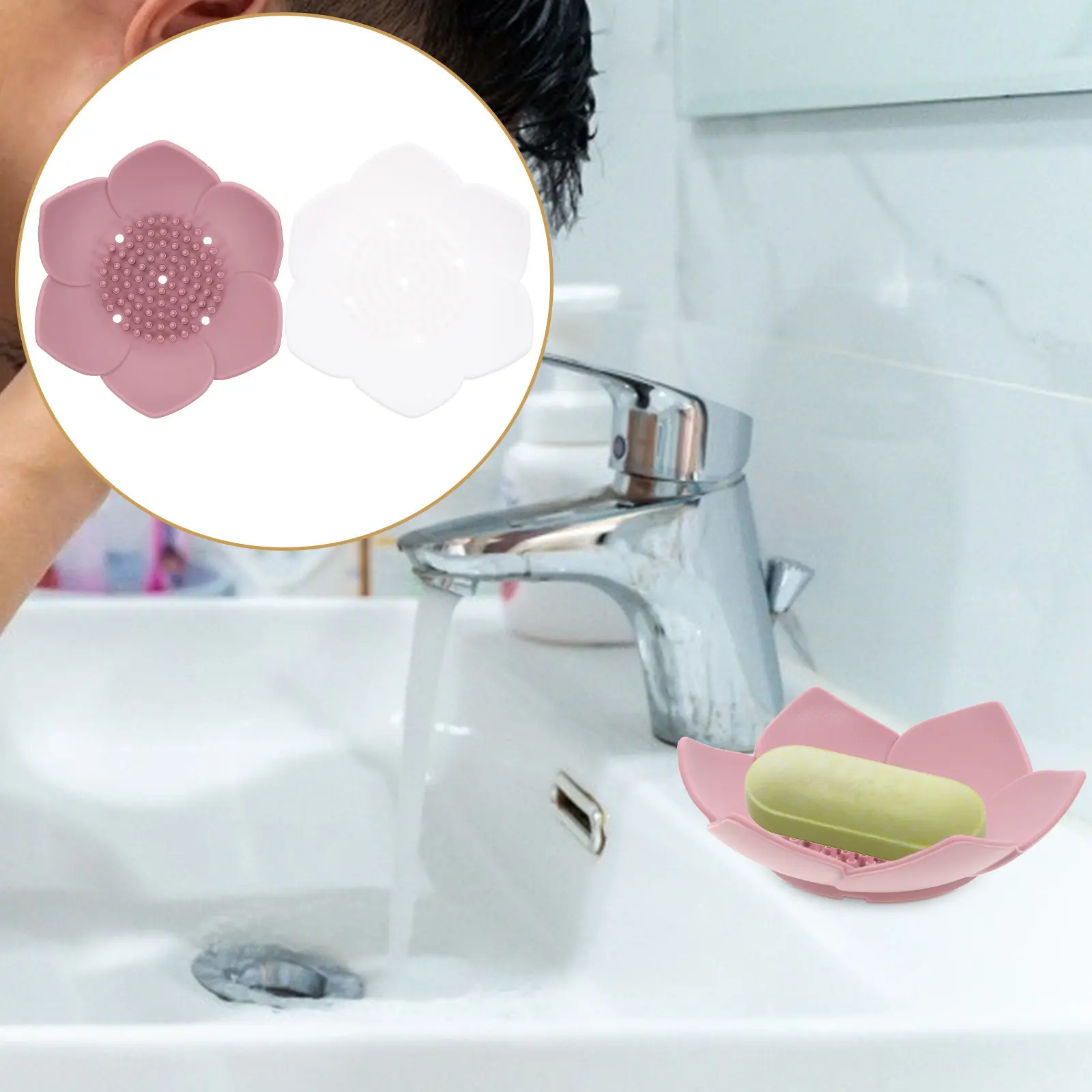 

2Pcs Anti-Slip Silicone Soap Dish Holder with Drain Spout for Bathroom Kitchen Sink Countertop Soap Drying Organizer Tray