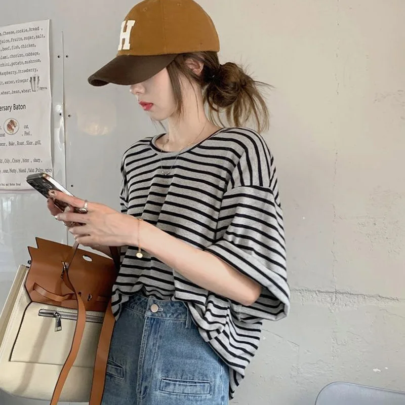 

Women's Clothing Summer Striped Short Sleeve T-Shirt Hong Kong Style Retro Design Loose Fit Stomach-Covering Slimming Top Casual