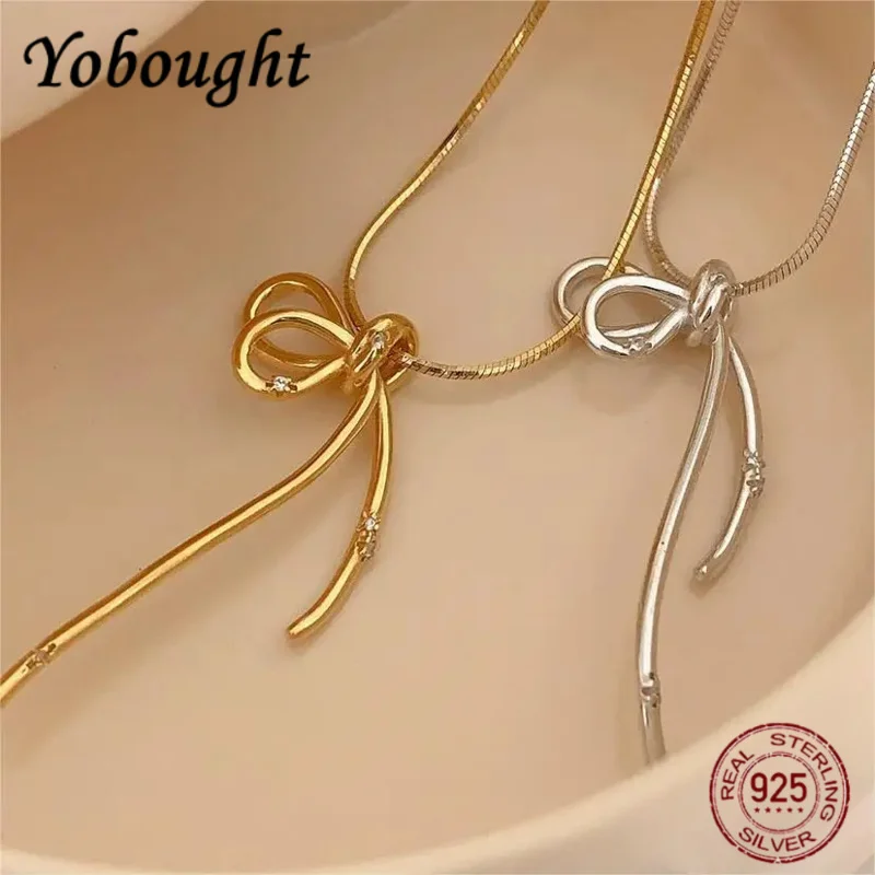 

100% S925 Sterling Silver Bow Short Necklace Feminine Charm Collarbone Chain Necklace Party Jewelry