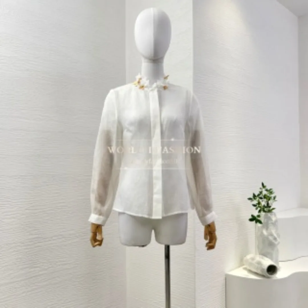 

Linen and Silk 2025 High Quality White Long Sleeve Flowers Appliqued Blouse Tops