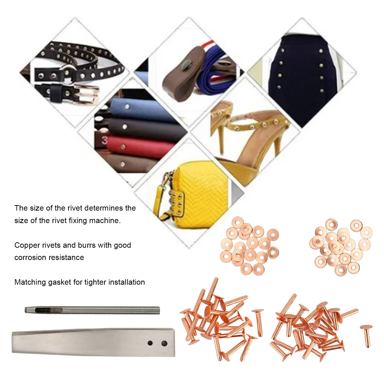 Copper Rivets Burrs Kit Easy To Install Copper Rivets with Setters Rust Proof Studs High Hardness DIY Leather Craft for Bag