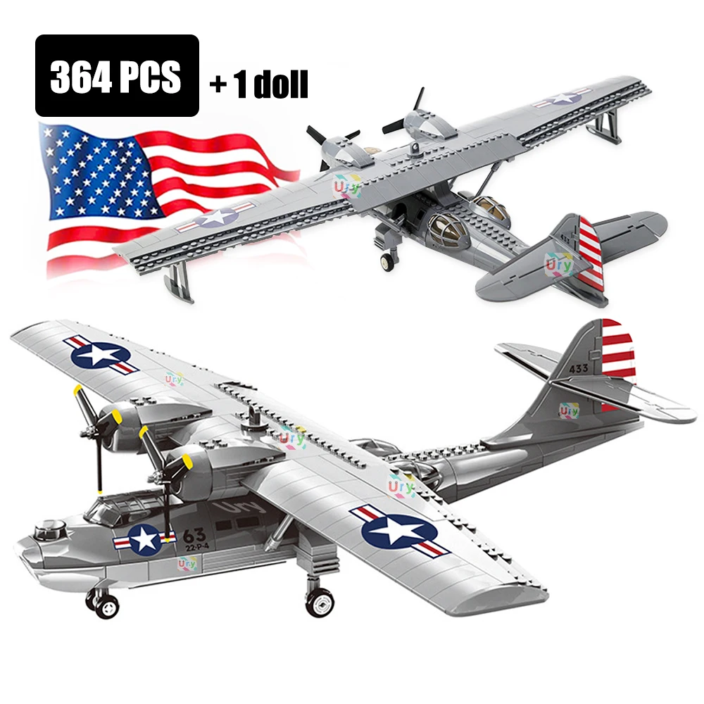 WW2 Military Army Avion Plane Consolidated PBY-5A Catalina Fighter Morden Warplane Set Aircraft Building Blocks for Boys Gift