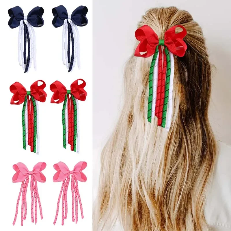 

ncmama 2Pcs Christmas Hair Bow Clips For Women Girls Long Tassel Hairpins Solid Ribbon Red Hairgrips Headwear Hair Accessories