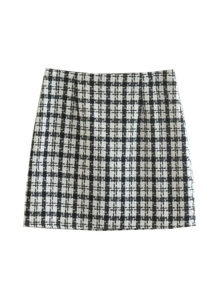 

TRAF Women 2022 Fashion Tweed Lattice Front Split Mini Skirt Vintage High Waist Side Zipper Fitted Female Skirts Streetwear