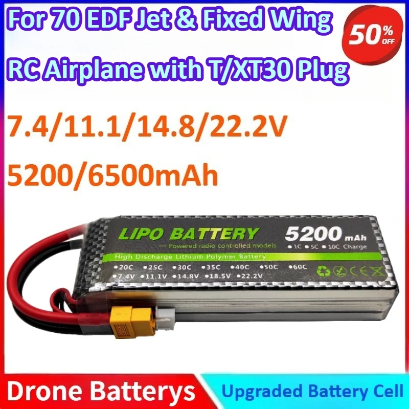 

7.4/11.1/14.8/22.2V 5200mAh 2/3/4/6S 40C New High Quality Lipo Battery for 70 EDF Jet & Fixed Wing RC Airplane with T/XT30 Plug