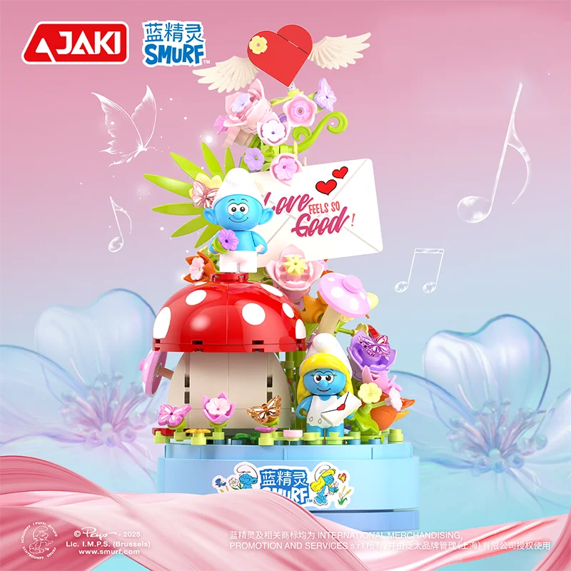 Smurfs-caja de música con letras de amor, bloques de construcción, caja de música giratoria, bloques de modelismo, adornos de escritorio, juguetes DIY para niños, regalos de vacaciones