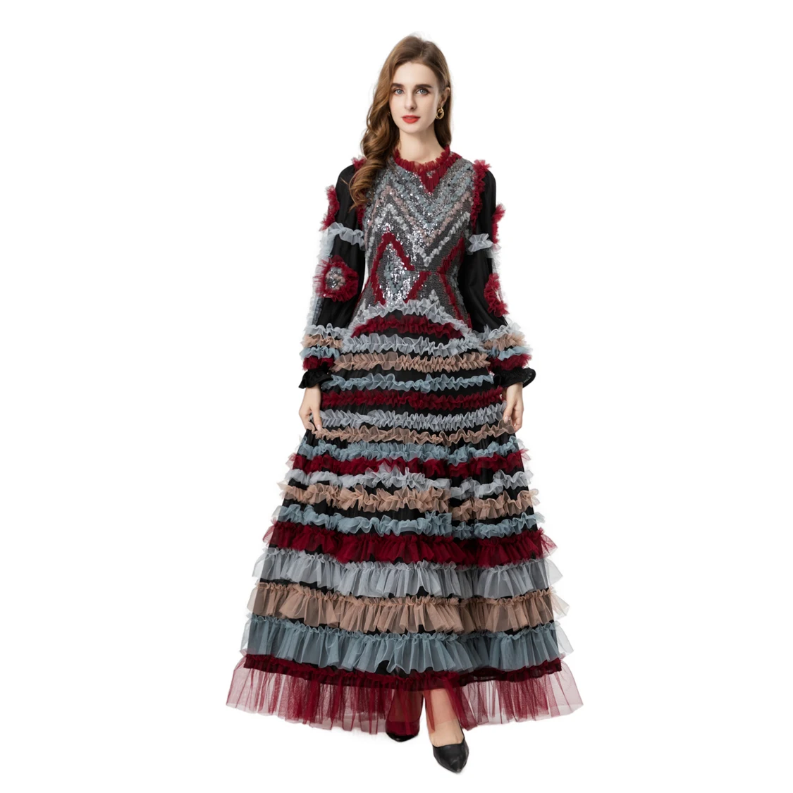 Stunning Multicolor Sequin & Ruffle Trimmed O Neck Long Sleeve Maxi Dress with Multi -Tiered Tulle Skirt Party Prom Gown Vestido