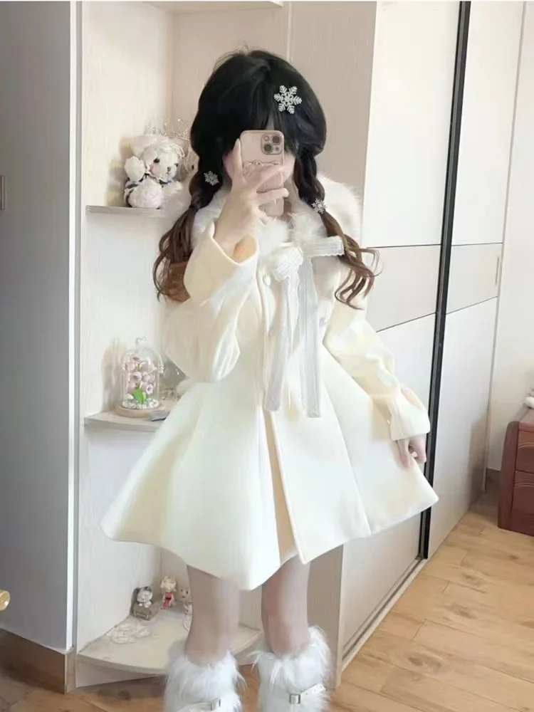 Sweet Fur Collar Bowknot Woolen Coat Woman Winter New Elegant Milky White Long Sleeve Fitted Waist Mid-length Overcoat Female