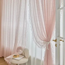 Pink Vertical Striped Rose Flower Lace With White Pearl Ruffled Tulle Curtains For Living Room Romantic Princess Bedroom Drapes
