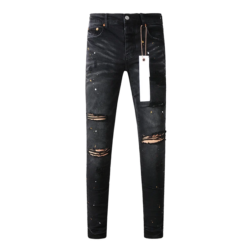 Men's Distressed Light Black Skinny Button Fly Americans High Street Style Slim Fit Ripped Holes Graffiti Jeans