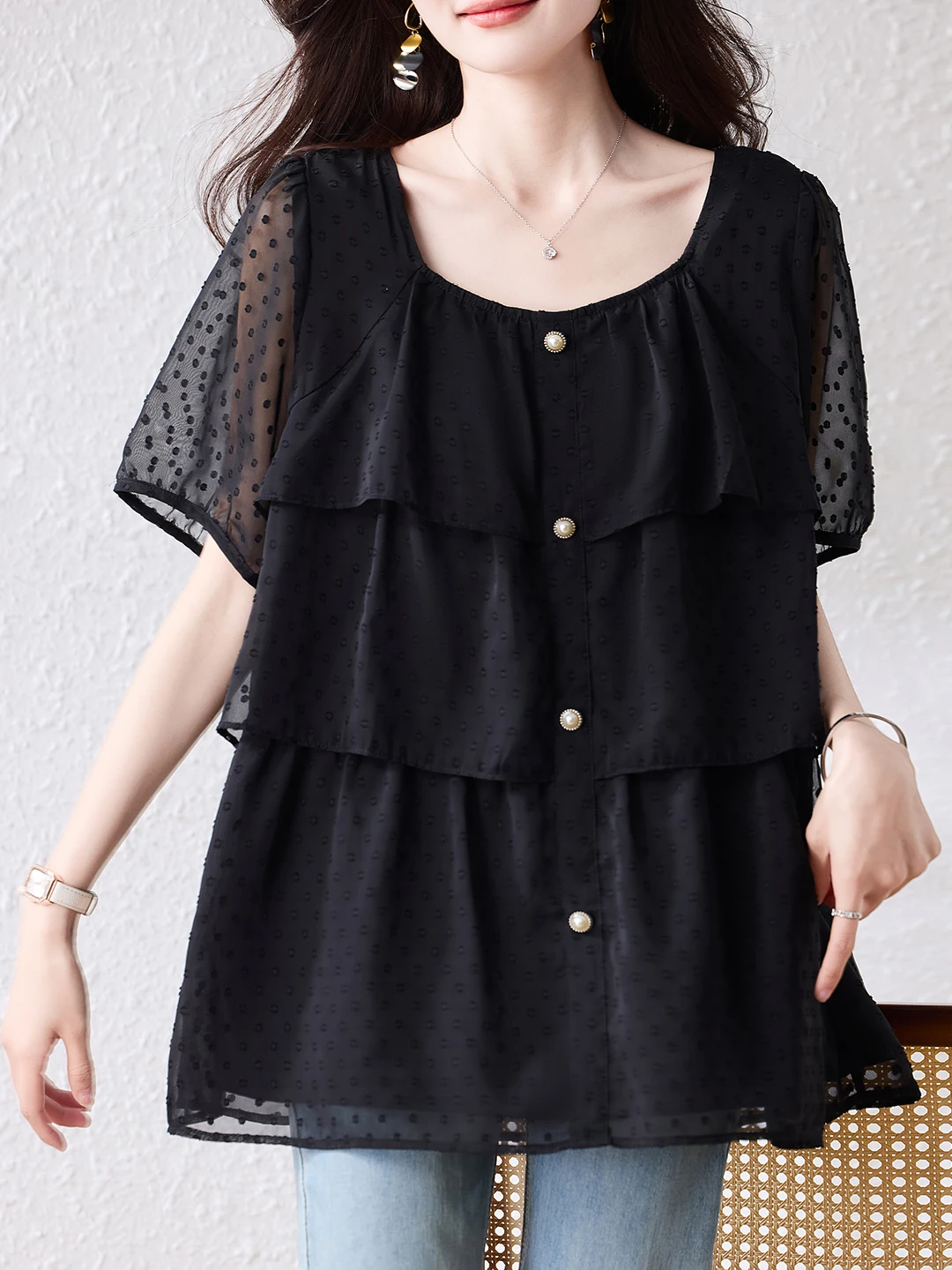 

Модная женская повседневная рубашка с вышивкой в горошек, свободного кроя, с эффектом стройности, элегантный стиль, круглый вырез, длинный рукав