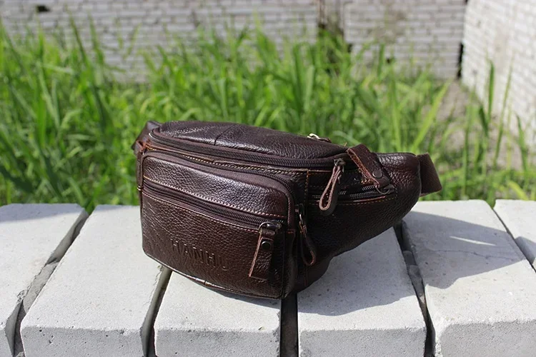 Sac de taille en cuir de vache véritable pour hommes, sac de ceinture amusant, pochette pour téléphone, poches multiples, sacs de randonnée, course à pied et cyclisme, sac banane