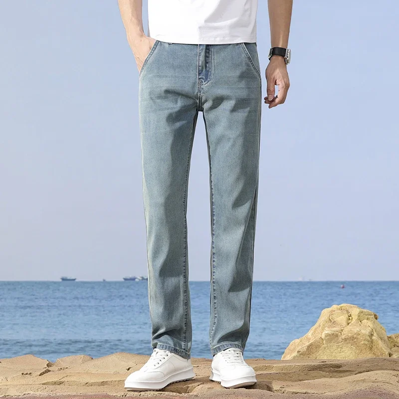 

2026 New Lyocell Thin Cool Ice Silk Trousers Men's Summer Jeans Drape Soft Fit Straight High Quality Vintage Washed Denim Pants