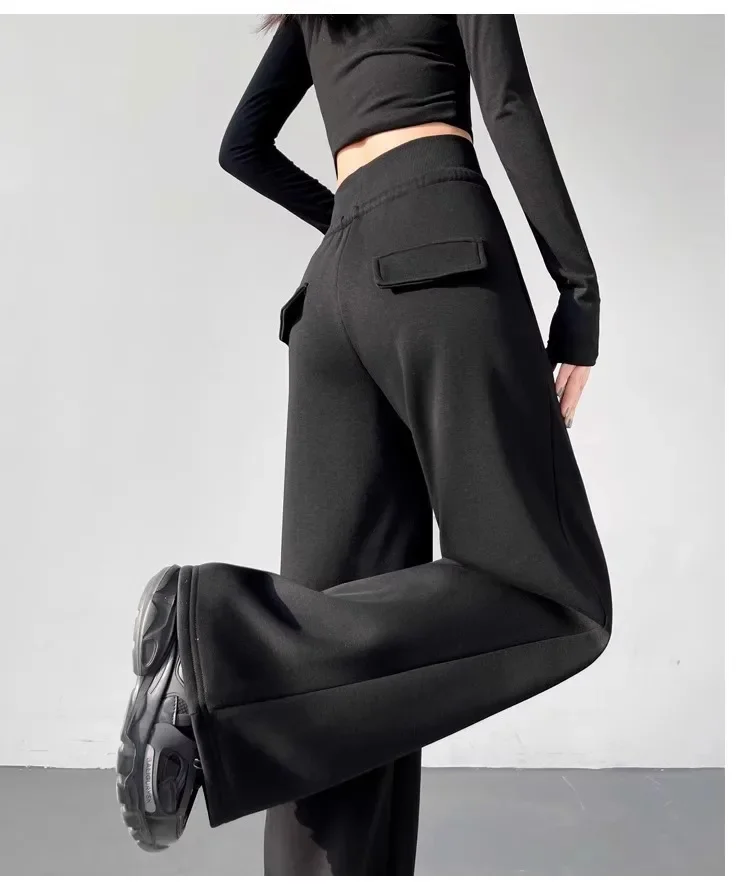 Graue Damen-Sport-Hose mit hoher Taille, locker geschnitten, schlankmachend, gerades Bein, weites Bein, amerikanische Jogginghose – Detail 8