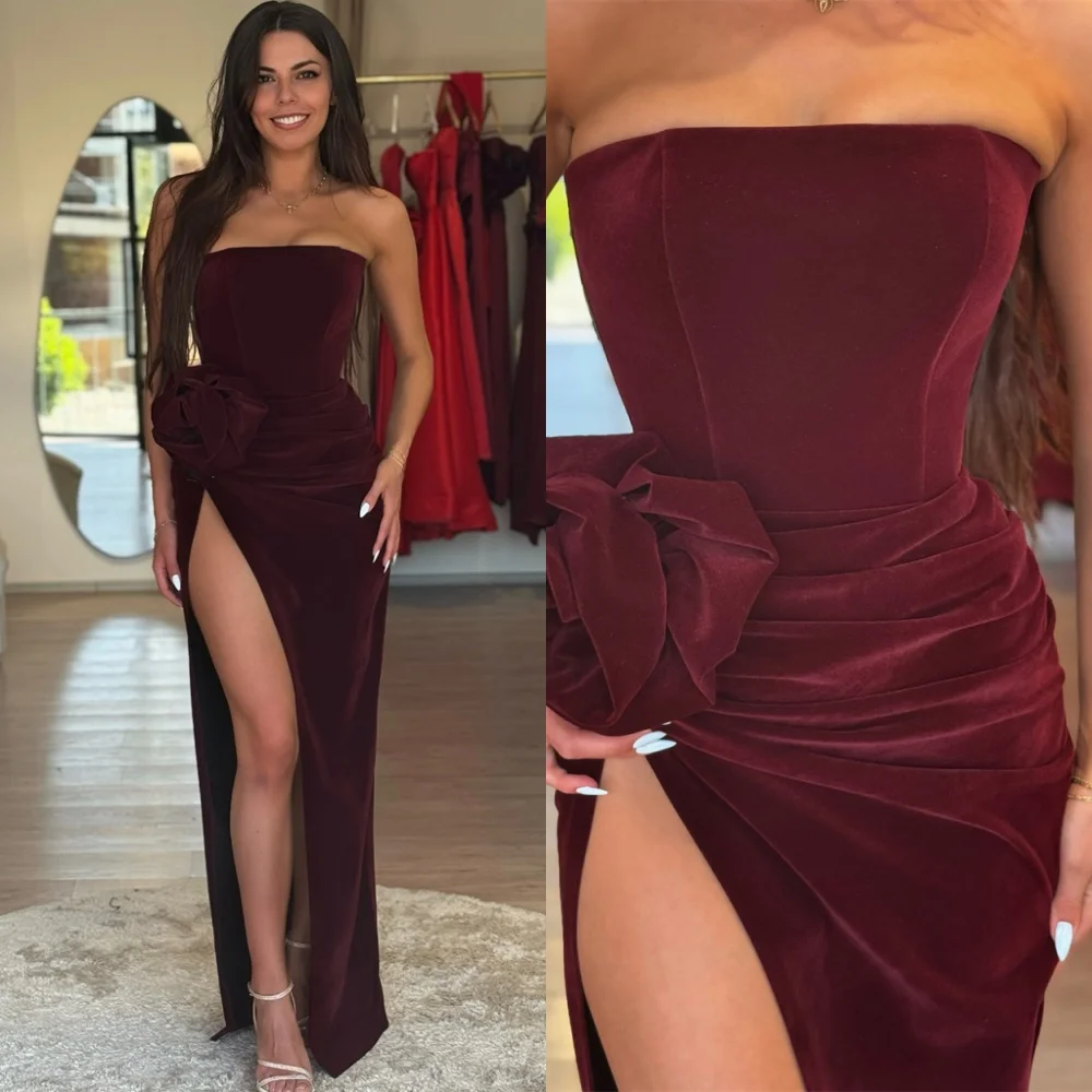 

Customized Formal Burgundy Velour Evening Dresses High Quality Strapless Flowers Homecoming Dresses Luxury Vestido De Festa