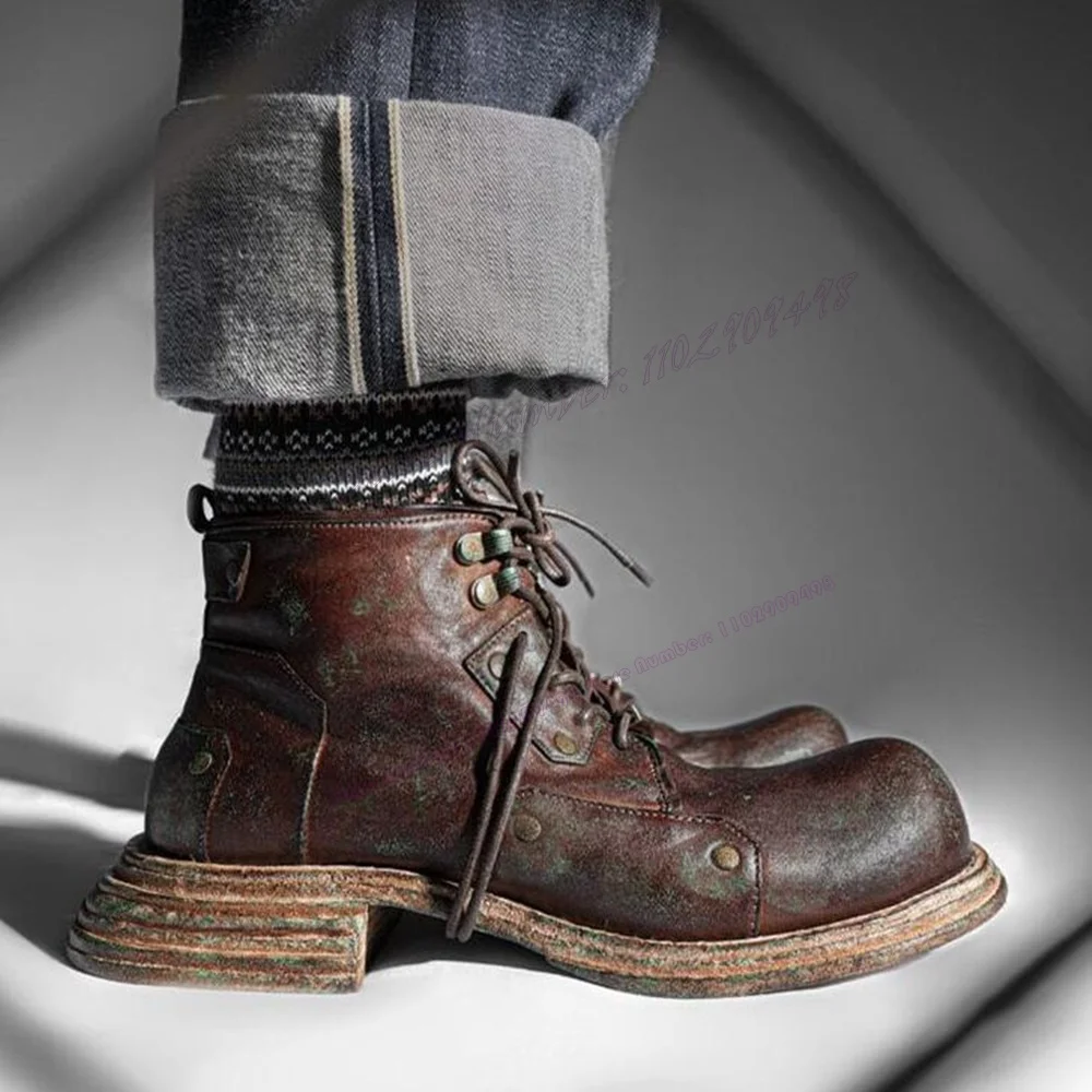Botines Vintage de punta redonda Para hombre, Zapatos de tacón grueso con cordones, estilo británico, Para motocicleta, talla grande