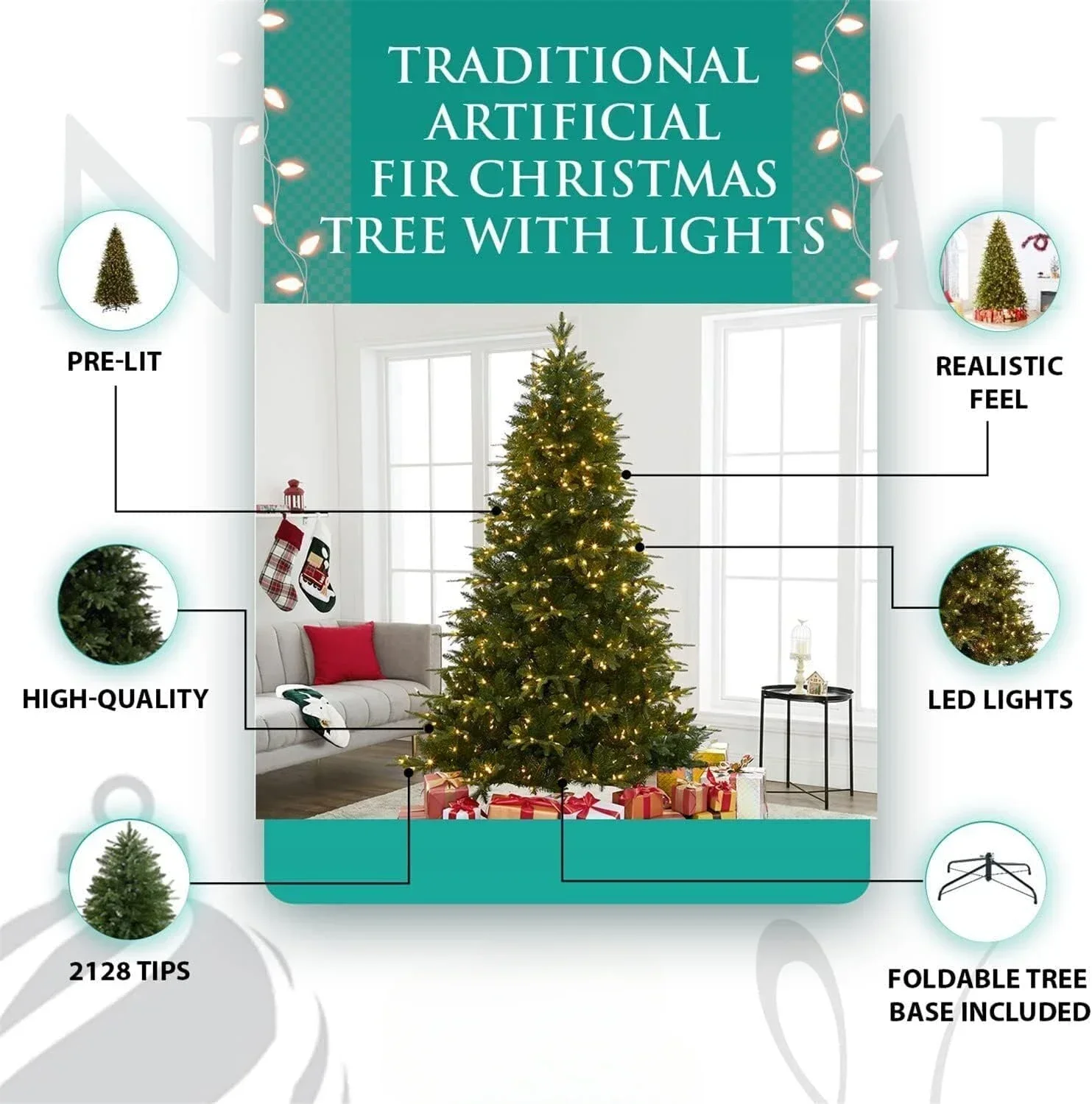 9ft Christmas Tree with Lights, Realistic Fir Christmas Tree Prelit with 2532 Branch Tips, 900 Warm Lights and Metal Stand