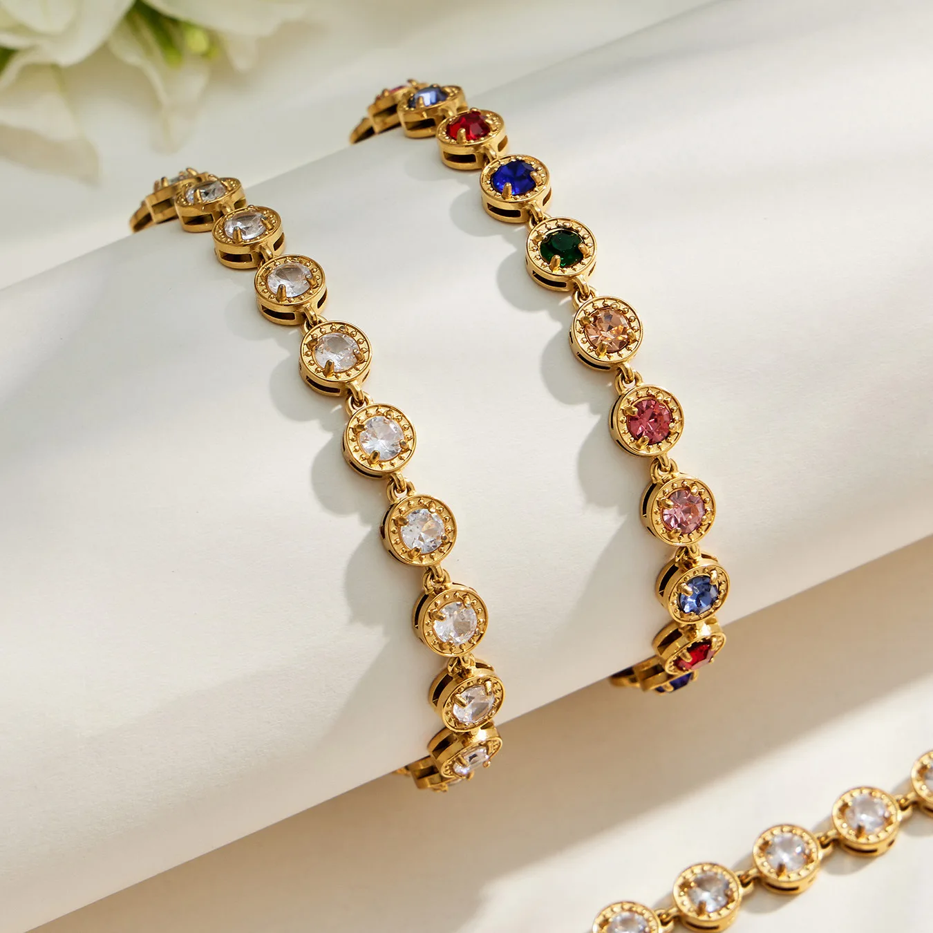 Runde Zirkon-Tennis-Halskette, Armband und Ohrringe, 18k vergoldeter Edelstahl, 3-teiliges Hochzeitsschmuck-Set – Detail 9