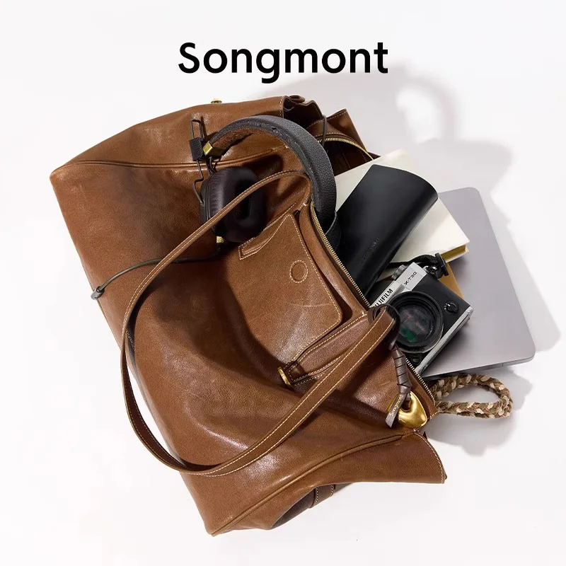 

Travel Bag Vegetable Tanned Leather Briefcase Sac De Luxe Femme сумка женская кожаная Top Handle Bags шоперы 2025 Trace Series